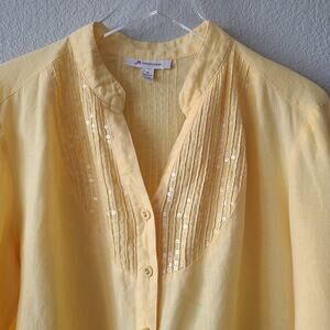 JM Collection Linen Womens Shirt Size 14 Sequins Glam Yellow Coastal Grannycore